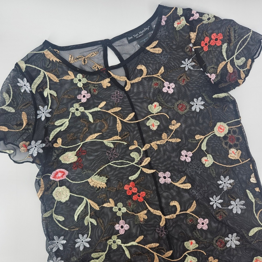 See You Monday Women Small Black Mesh Top Embroidered Floral